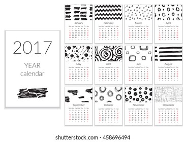 Calendar 2017 Year, A4 Cards Vector With Hand Drawn Textures, Week Starts Sunday.