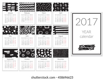 Calendar 2017 Year, A4 Cards Vector With Hand Drawn Textures, Week Starts Monday