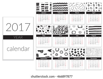 Calendar 2017 Year, A4 Cards Vector With Hand Drawn Textures, Week Starts Sunday
