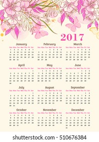 Calendar for 2017 year. Abstract background with pink watercolor blots, flowers and butterflies.