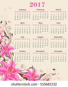 Calendar for 2017 year. Abstract floral background with pink lily flowers and leaves.