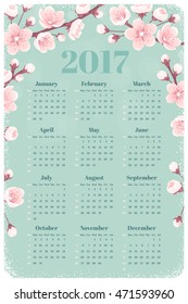 Calendar for 2017 year with cherry blossom, spring flowers. Week starts from Sunday. Retro vector illustration