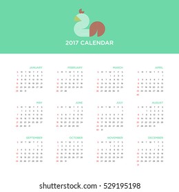 Calendar 2017 for a year, chicken flat design, starts week from Sunday, vector illustration