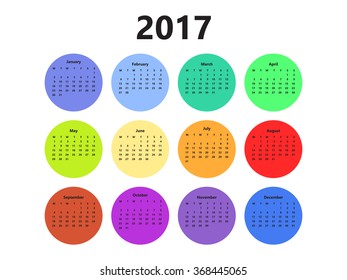 Calendar 2017 year in circles. Week starts from monday