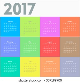 Calendar for 2017 year. Colorful vector 