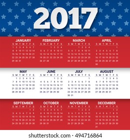 Calendar for 2017 Year in colors of USA flag with stars and stripes. Week starts from sunday. Modern Creative Vector Design Print Template. Blue, red and white paper layers. Corporate business layout.
