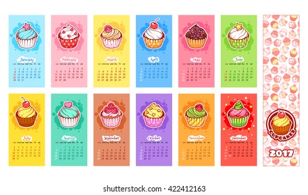 Calendar for 2017 year with cupcakes. Week Starts Sunday. Delicious cartoon sweets. Vector calendar template for kids.