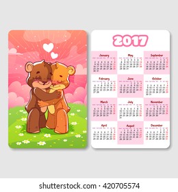 Calendar for 2017 year with cute bears. Week Starts Monday. Funny cartoon characters. Vector calendar template vertical orientation. 