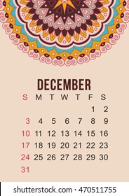 Calendar for 2017 Year. December.  Vector Design Print Template with  Oriental colorful mandala. Islam, Arabic, Indian, ottoman motifs. Vintage decorative element . A4 size