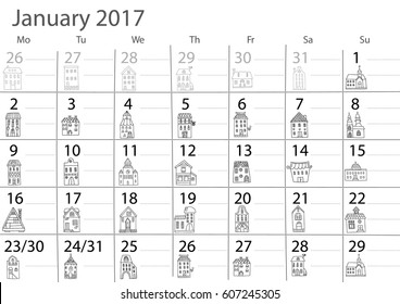 Calendar 2017 year. Design with cute doodle houses. Vector design template. Minimalism Style. 2017 calendar gorizontal. January month.