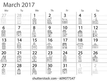 Calendar 2017 year. Design with cute doodle houses. Vector design template. Minimalism Style. 2017 calendar gorizontal. March month.