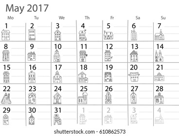 Calendar 2017 year. Design with cute doodle houses. Vector design template. Minimalism Style. 2017 calendar gorizontal. May month.