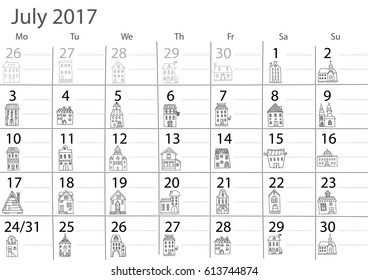 Calendar 2017 year. Design with cute doodle houses. Vector design template. Minimalism Style. 2017 calendar gorizontal. July month.
