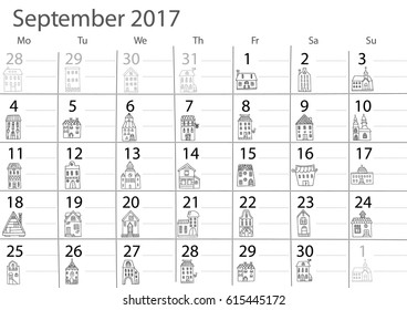 Calendar 2017 year. Design with cute doodle houses. Vector design template. Minimalism Style. 2017 calendar gorizontal. September month.