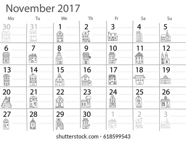 Calendar 2017 year. Design with cute doodle houses. Vector design template. Minimalism Style. 2017 calendar gorizontal. November month.