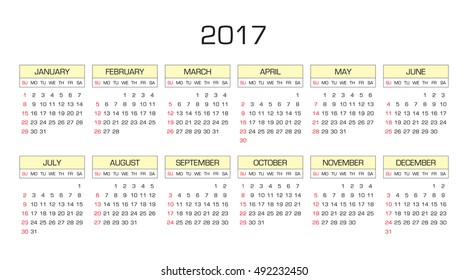 Calendar 2017 year in English, simple style. Week starts from Sunday. Text, thin frames in a separate layers.