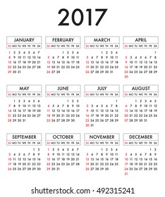 Calendar 2017 year in English, simple style. Week starts from Sunday. Text, thin frames in a separate layers.