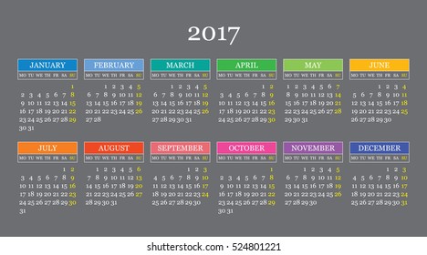 Calendar 2017 year in English, simple style. Week starts from Monday