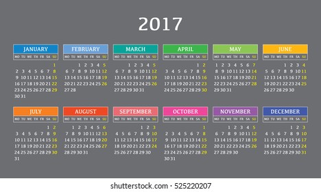 Calendar 2017 year in English, simple style. Week starts from Monday