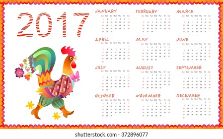 Calendar for 2017 year with fairy rooster - chinese symbol of new year. Week starts on sunday. Vector illustration. svg