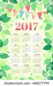 Calendar for 2017 year with fresh green spring leaves and multicolored party flags. Week starts from Monday. Retro vector illustration 