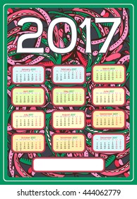Calendar 2017 year grid design on Hand-drawn background with cartoon pattern zentangle inspired doodles. Week starts monday. Holidays not marked. Vector calendar for year 2017 Template. 12 Months