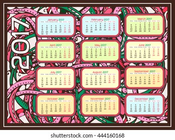 Calendar 2017 year grid design on Hand-drawn background with cartoon pattern zentangle inspired doodles. Week starts monday. Holidays not marked. Vector calendar for year 2017 Template. 12 Months