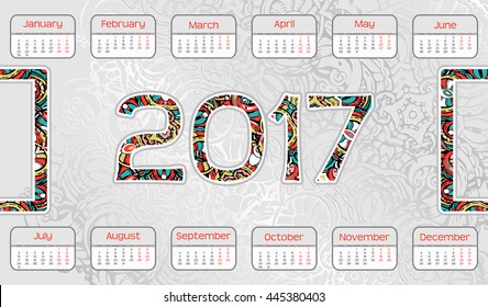 Calendar 2017 year grid design on Hand-drawn background with pattern zentangle inspired doodles. Week starts monday. Holidays are not marked. Vector calendar for year 2017 Template. Set of 12 Months