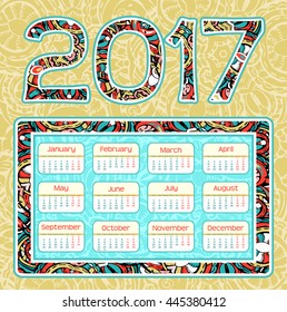 Calendar 2017 year grid design on Hand-drawn background with pattern zentangle inspired doodles. Week starts monday. Holidays are not marked. Vector calendar for year 2017 Template. Set of 12 Months