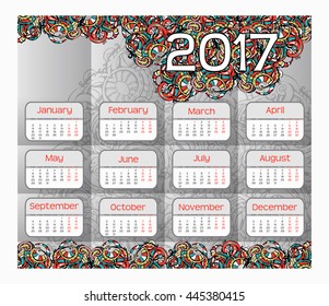 Calendar 2017 year grid design on Hand-drawn background with pattern zentangle inspired doodles. Week starts monday. Holidays are not marked. Vector calendar for year 2017 Template. Set of 12 Months