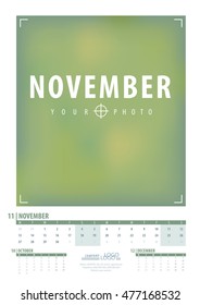 Calendar 2017 year grid design of November isolated on white background in English