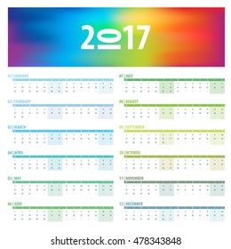 Calendar 2017 year grid design of all months isolated on white background in English