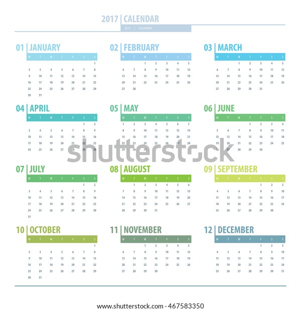 白い背景にカレンダー17年のグリッドデザイン 英語週は月曜日から始まります 祝祭日はマークされていません 17年のベクター画像カレンダー 12か月のセット のベクター画像素材 ロイヤリティフリー