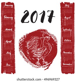 Calendar 2017 Year, With Hand Drawn Red rooster. Month Lettering, Week Starts Monday. Vector illustration