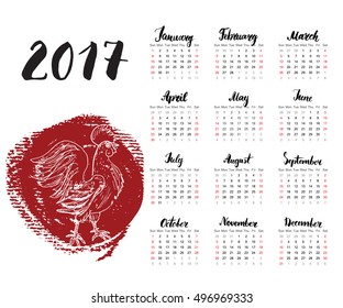 Calendar 2017 Year, With Hand Drawn Red rooster. Month Lettering, Week Starts Sunday. Vector illustration