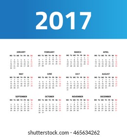 Calendar for 2017 year isolated on a white background. Week starts monday. Vector design template