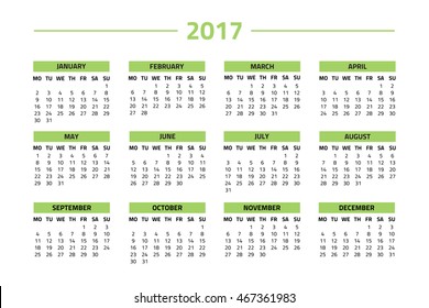 Calendar for 2017 year isolated on a white background. Week starts monday. Vector design template
