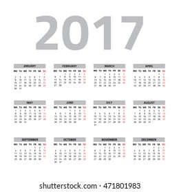 Calendar for 2017 year isolated on a white background. Week starts monday. Vector design template