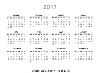 Calendar for 2017 year isolated on a white background. Week starts monday. Vector design template