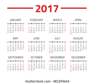 Calendar 2017 year isolated on a white background. Week starts sunday. Design template