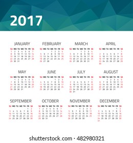 Calendar 2017 year isolated on a white background. Week starts sunday. Design template