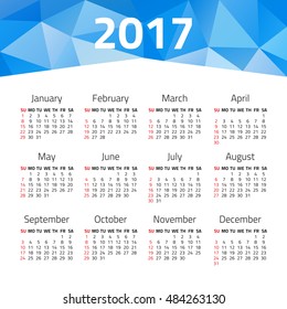 Calendar 2017 year isolated on a white background. Week starts sunday. Design template
