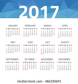 Calendar 2017 year isolated on a white background. Week starts sunday. Design template