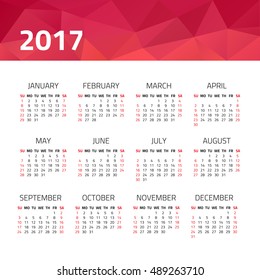 Calendar 2017 year isolated on a white background. Week starts sunday. Design template