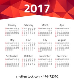 Calendar 2017 year isolated on a white background. Week starts sunday. Design template