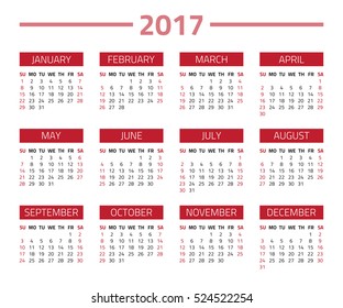 Calendar 2017 year isolated on a white background. Week starts sunday. Vector design template