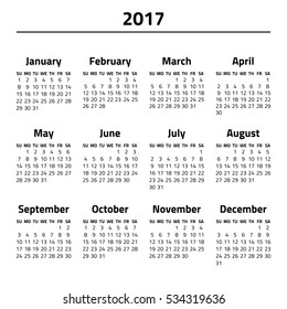 Calendar 2017 year isolated on a white background. Week starts sunday. Vector design template