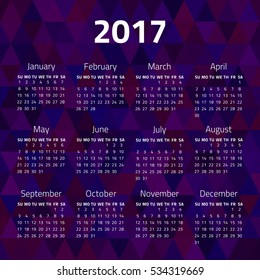 Calendar 2017 year isolated on abstract triangle background. Week starts sunday. Vector design template