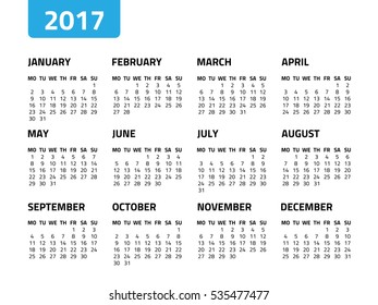 Calendar for 2017 year isolated on a white background. Week starts monday. Vector design template