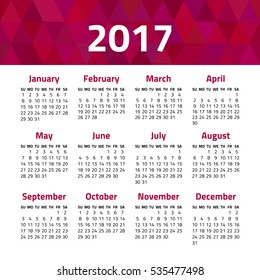 Calendar 2017 year isolated on a white background. Week starts sunday. Vector design template